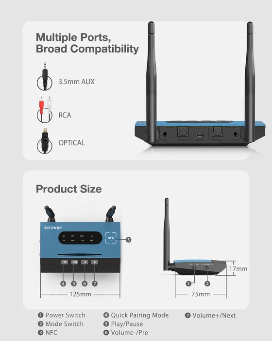 Bluetooth ресивер/трансмітер BlitzWolf BR-7 3в1 RX/TX/BM Bypass Mode NFC ANC aptx - фото 13