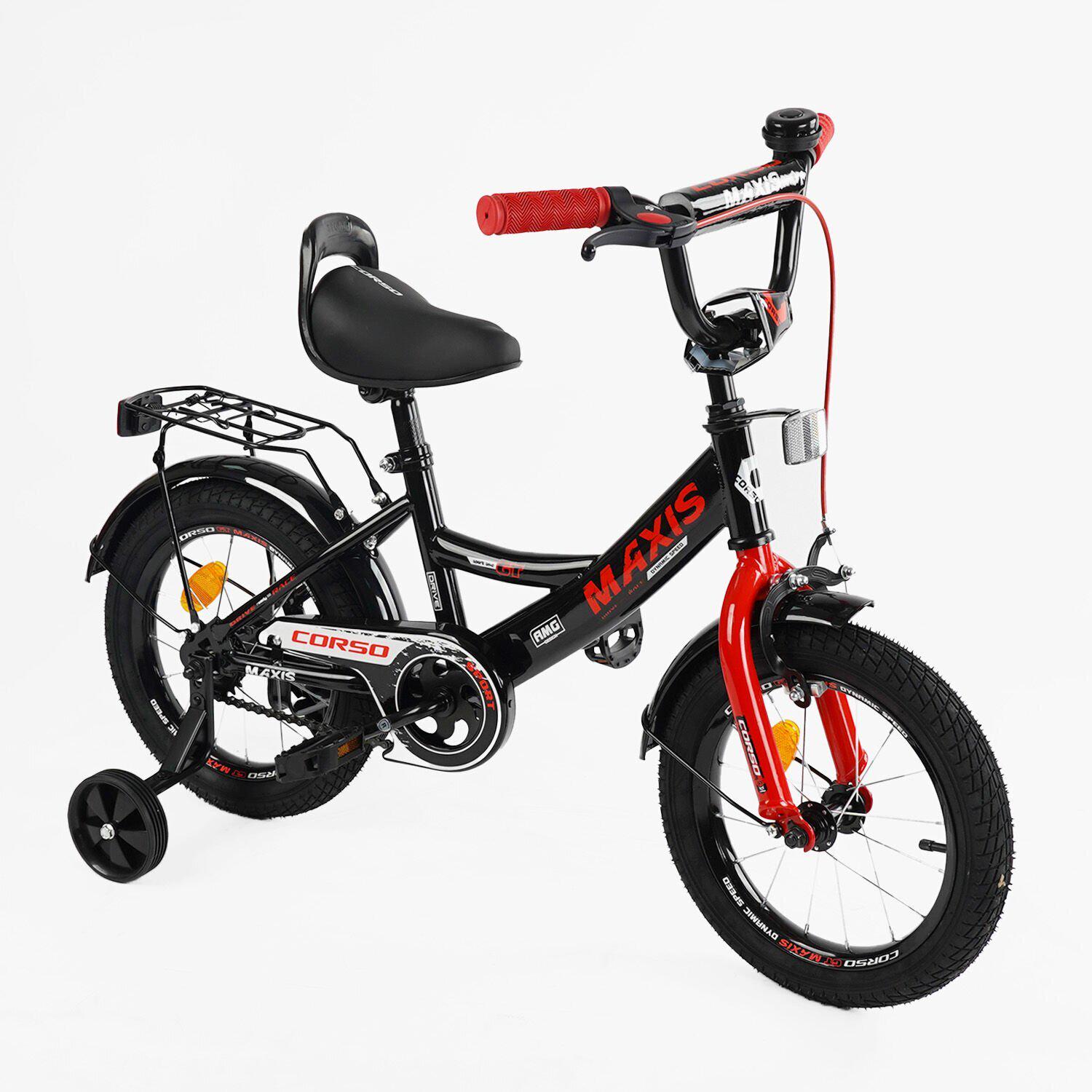 Велосипед двухколесный Corso MAXIS 14" детский с багажником Черно-красный - фото 1 Велосипед двухколесный Corso MAXIS 14" детский с багажником Черно-красный - фото 1