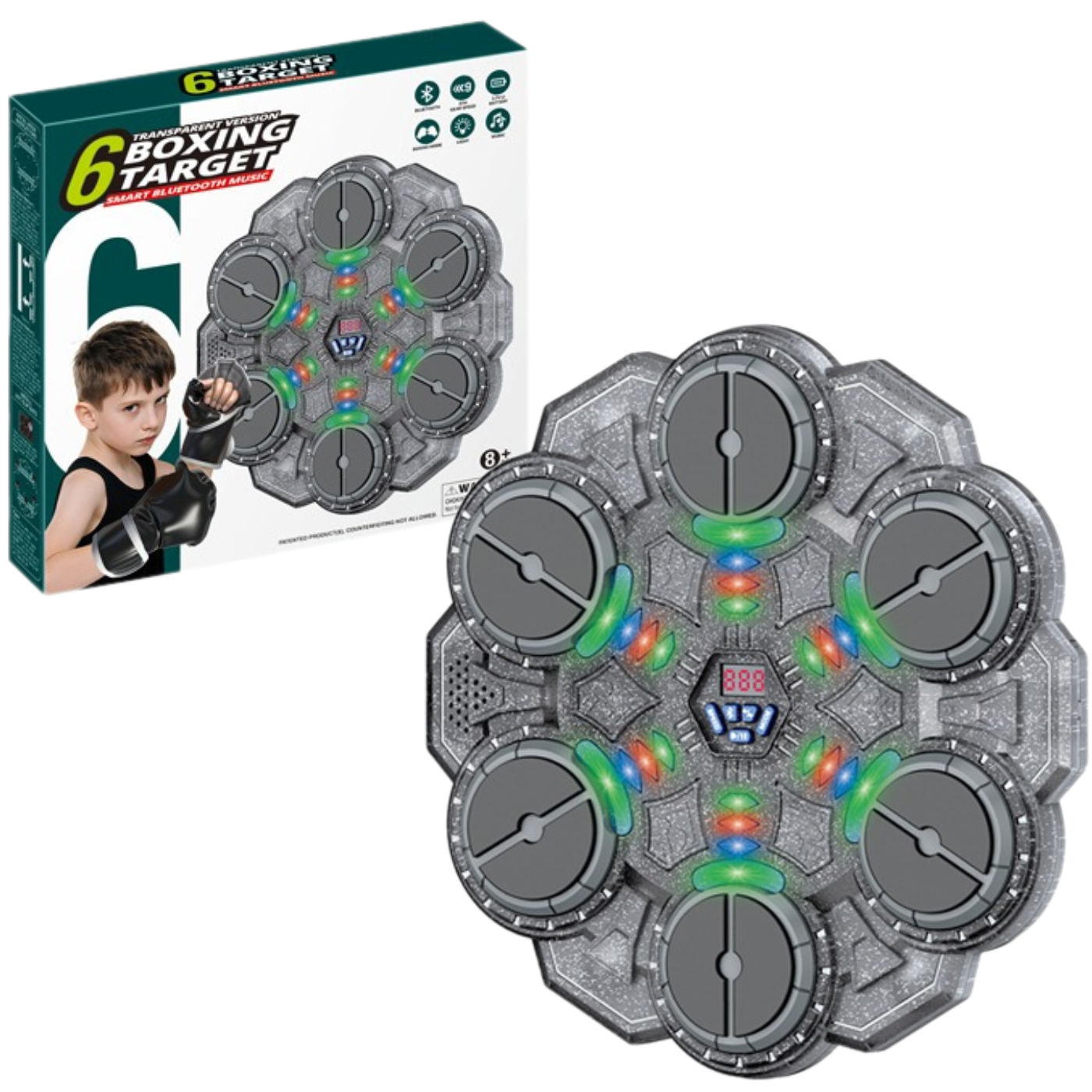 Тренажер для боксу на 6 цілей із рукавичками дитячий інтерактивний акумуляторний музичний з Bluetooth Прозоро-чорний