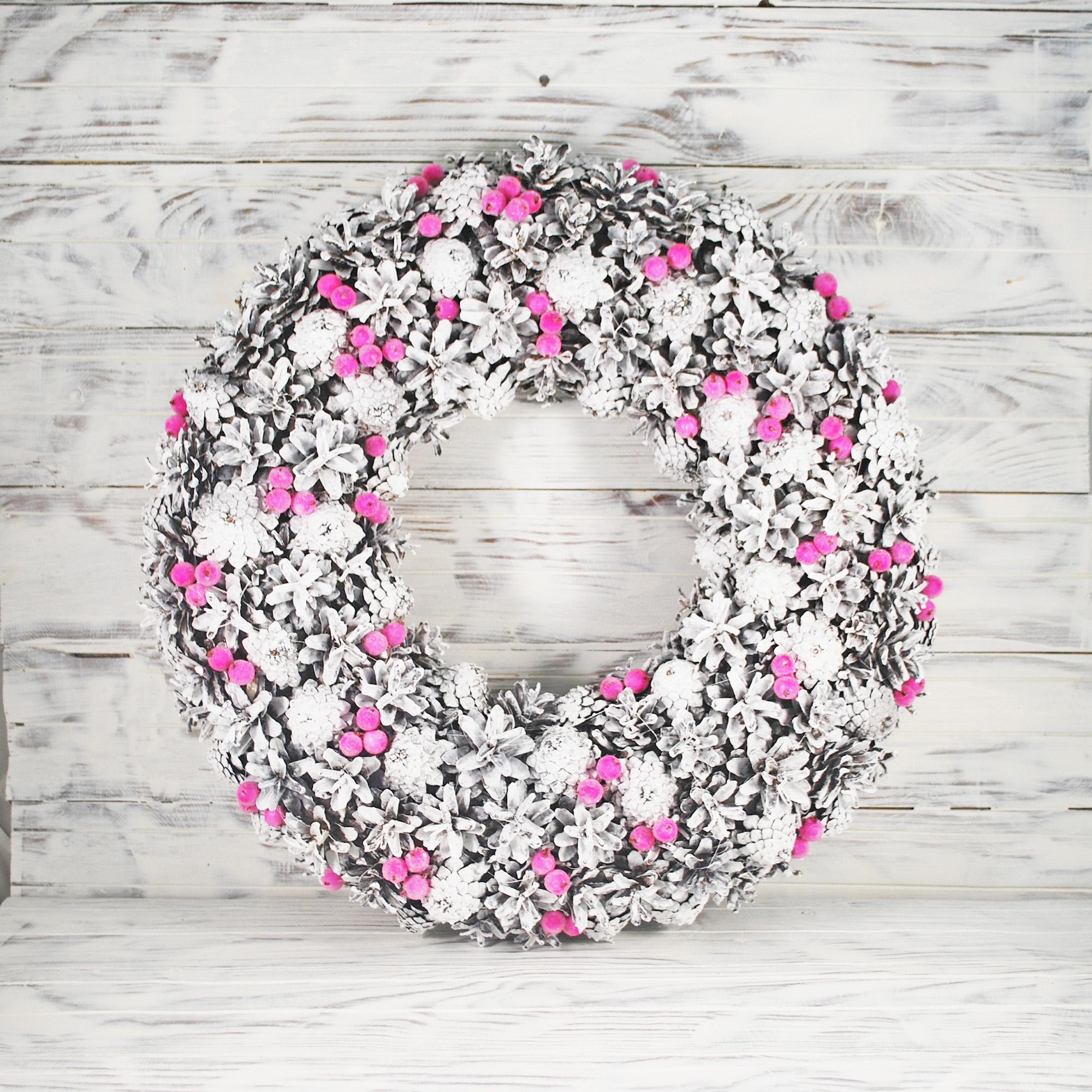 Венок новогодний из шишек 40 см Белый/Розовый (4782043) - фото 3 Венок новогодний из шишек 40 см Белый/Розовый (4782043) - фото 3