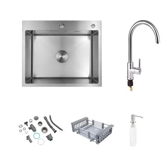 Мойка кухонная Kroner 6050HM Серый/смеситель-кран Qtap Spring 007F-2 с подключением к фильтру