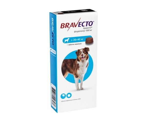 Таблетка для собак Bravecto Бравекто от блох и клещей жевательная 20-40 кг 1 таб.