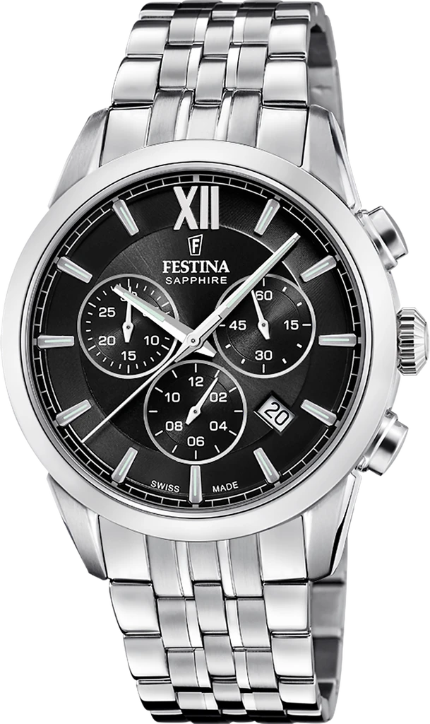 Наручные часы мужские Festina F20040/4 Chrono Swiss Made со стальным корпусом/сапфировым стеклом WR 100 м и черным циферблатом