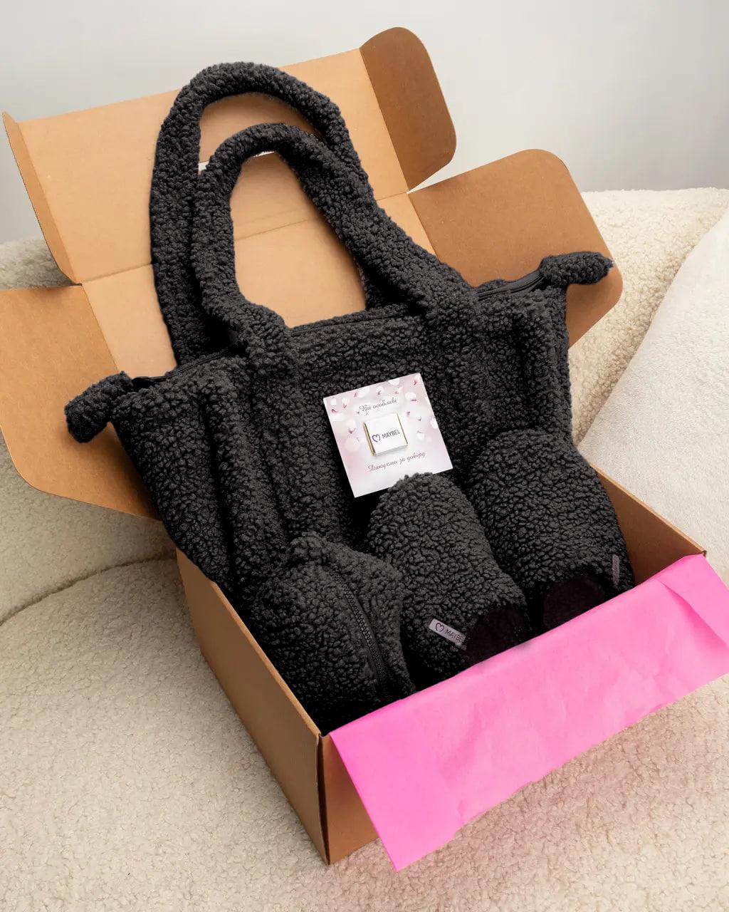 Подарочный набор Тедди тапочки р. 34-35/шопер и косметичка Черный (2827102937)