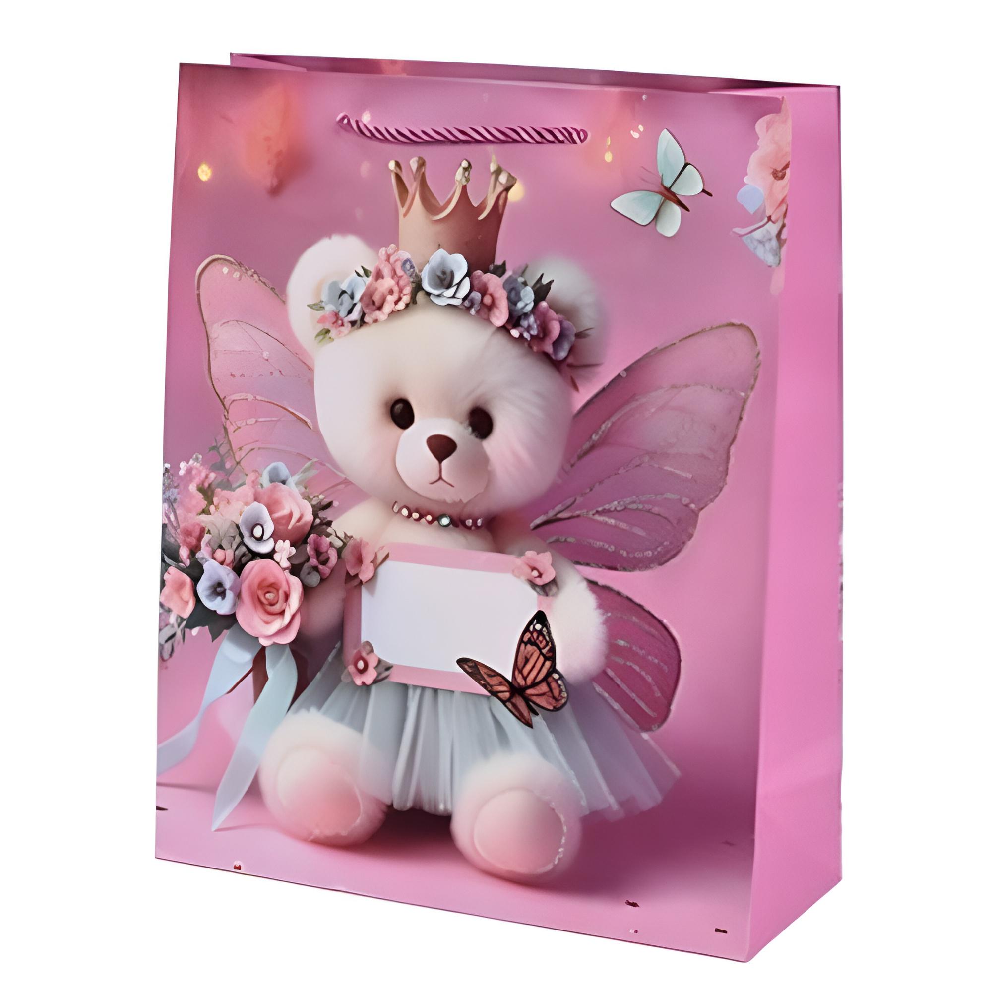 Подарунковий пакет з ручками Stenson Teddy Ведмедик 26х32х12 см Рожевий (R98406-M)