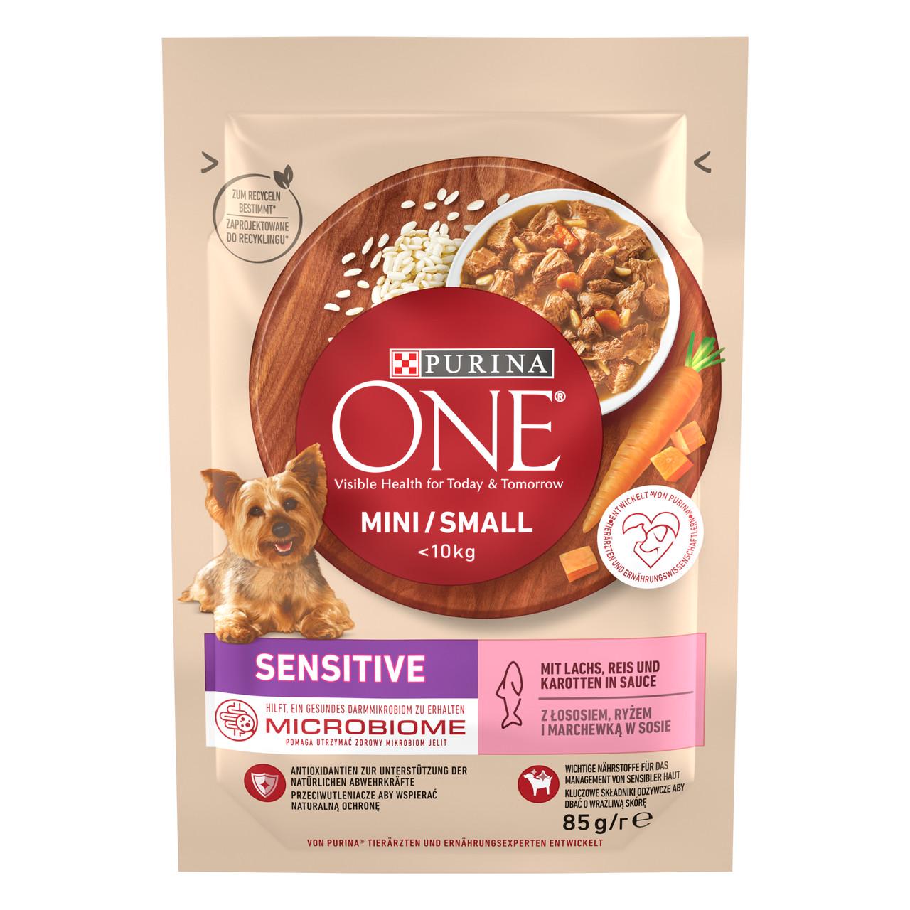 Вологий корм Purina One Mini/Small Sensitive для собак лосось/рис та морква 85 г