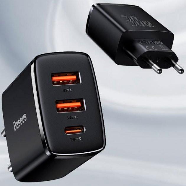 Устройство зарядное BASEUS Compact Quick Charger 2USB/1Type-C 30 W/3A PD/QC с быстрой зарядкой Black (CCXJ-E01) - фото 6