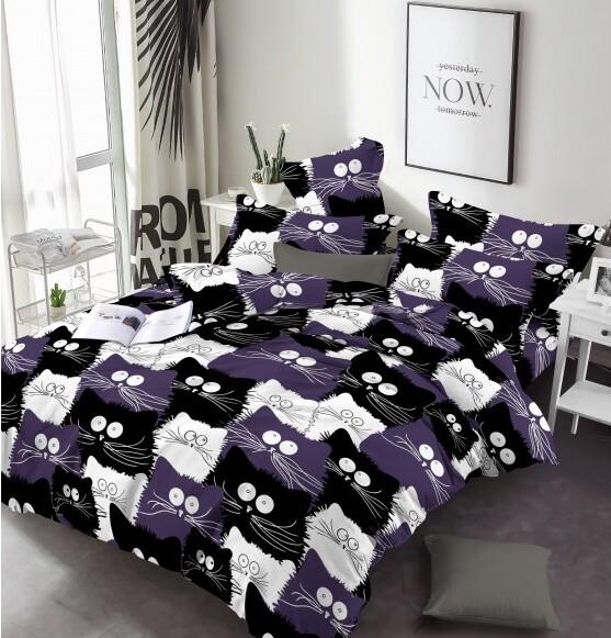 Комплект постільної білизни Коти бязь голд люкс полуторний 150х215 см Чорно-біло-фіолетовий (30654227) Комплект постільної білизни Коти бязь голд люкс полуторний 150х215 см Чорно-біло-фіолетовий (30654227)