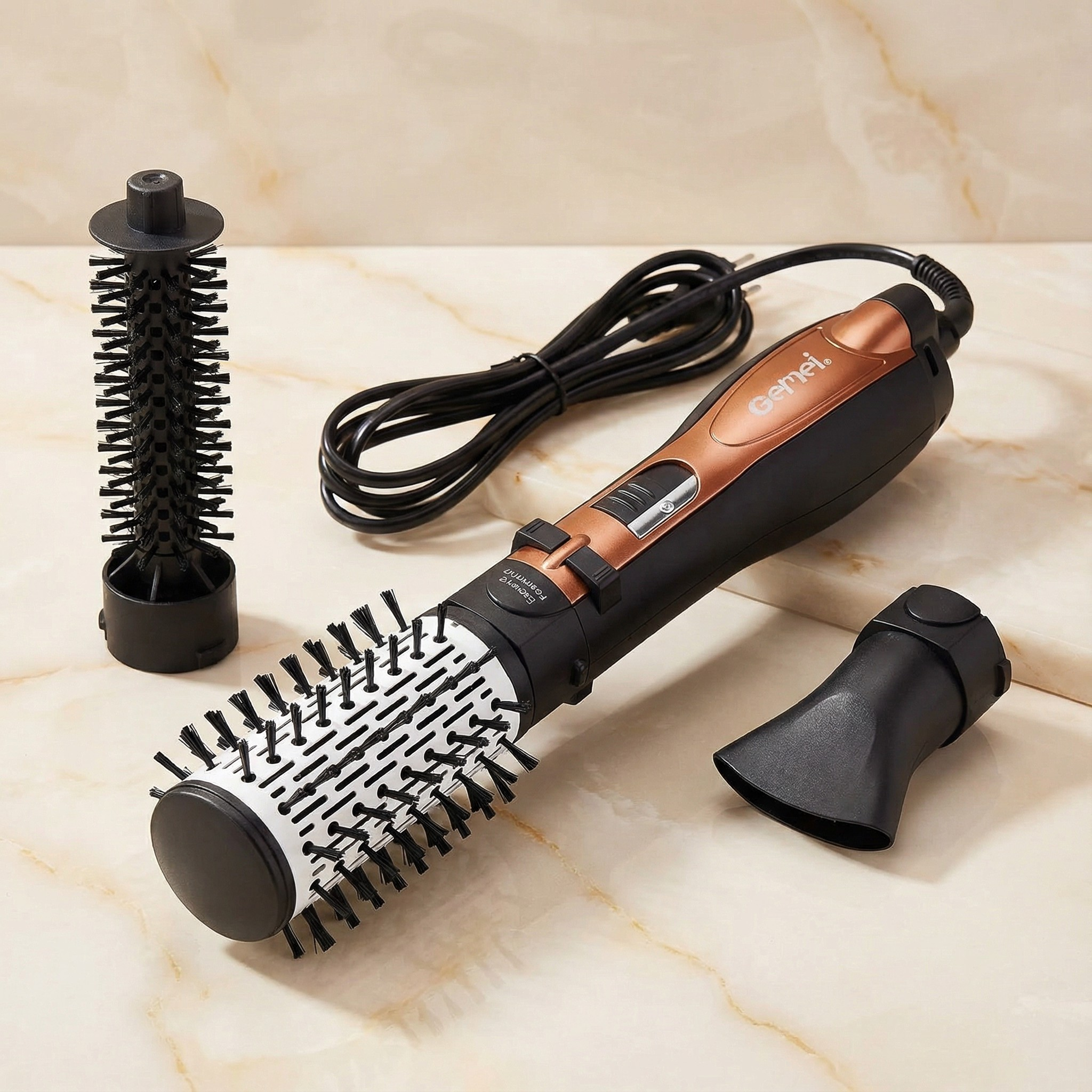 Фен-стайлер для волос с вращающейся насадкой 3в1 Gemei GM-4828 для локонов объема с 3 насадками 1000 Вт Коричневый/Черный (GM-4828)