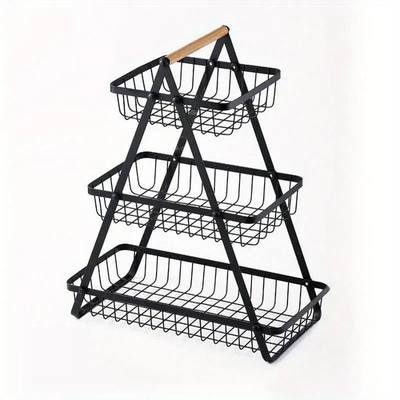 Корзина для фруктов трехъярусная металлическая с деревянной ручкой Черная (MJ-3033)