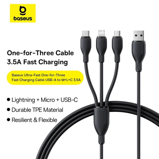 Кабель Baseus Ultra-Fast 3in1 Fast Charging Cable USB для MicroUSB+Lightning+Type-C 3.5A 0.8m P10376303121-01 Black - фото 3 Кабель Baseus Ultra-Fast 3in1 Fast Charging Cable USB для MicroUSB+Lightning+Type-C 3.5A 0.8m P10376303121-01 Black - фото 3
