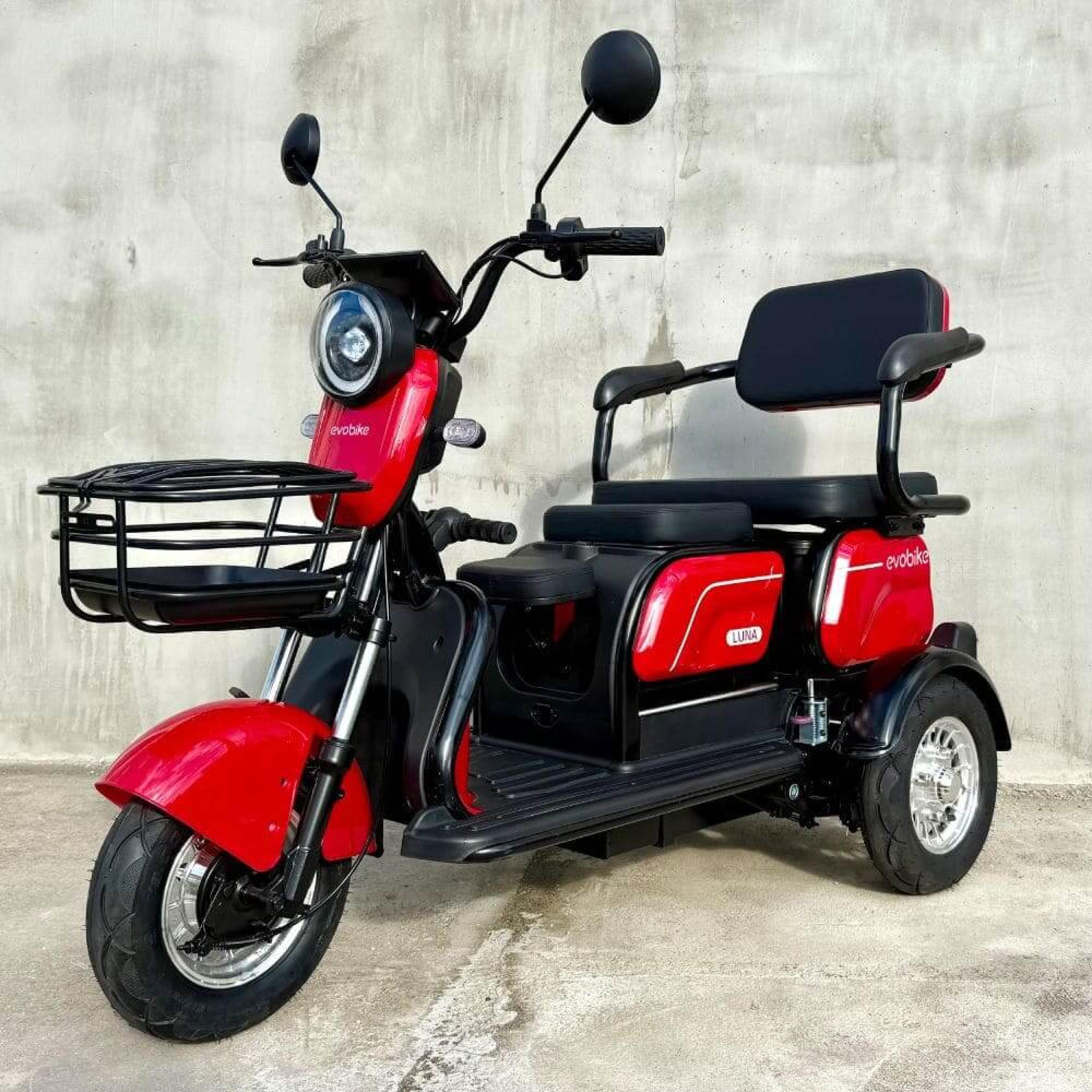 Електроскутер триколісний EVOBIKE Luna TRIO PRO 1200W 60V 20Ah 2026 зі знімним графеновим акумулятором та пасажирським сидінням Червоний