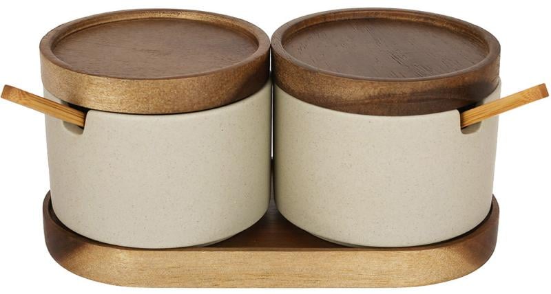 Набор керамических спецов Rock с ложками на деревянной подставке 2 шт. 200 мл