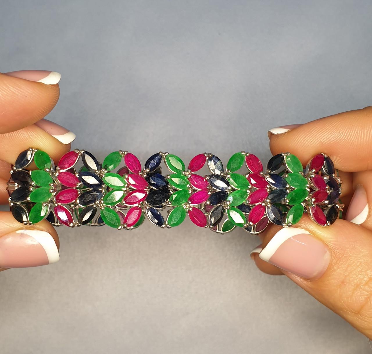 Браслет серебряный с рубином сапфиром и зеленым агатом 23,66 г (1326272777)