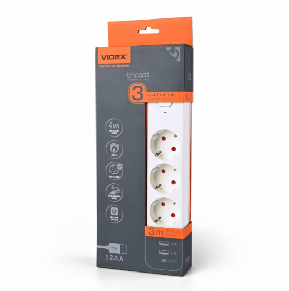 Удлинитель Videx ONCORD USB+USB-C с кнопкой 3 м Белый (29436284)