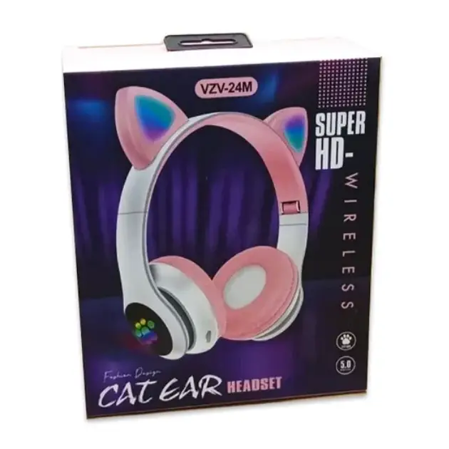 Наушники беспроводные Cat Ear VZV-24M Bluetooth с разноцветной LED подсветкой и кошачьими ушками Розовый - фото 4