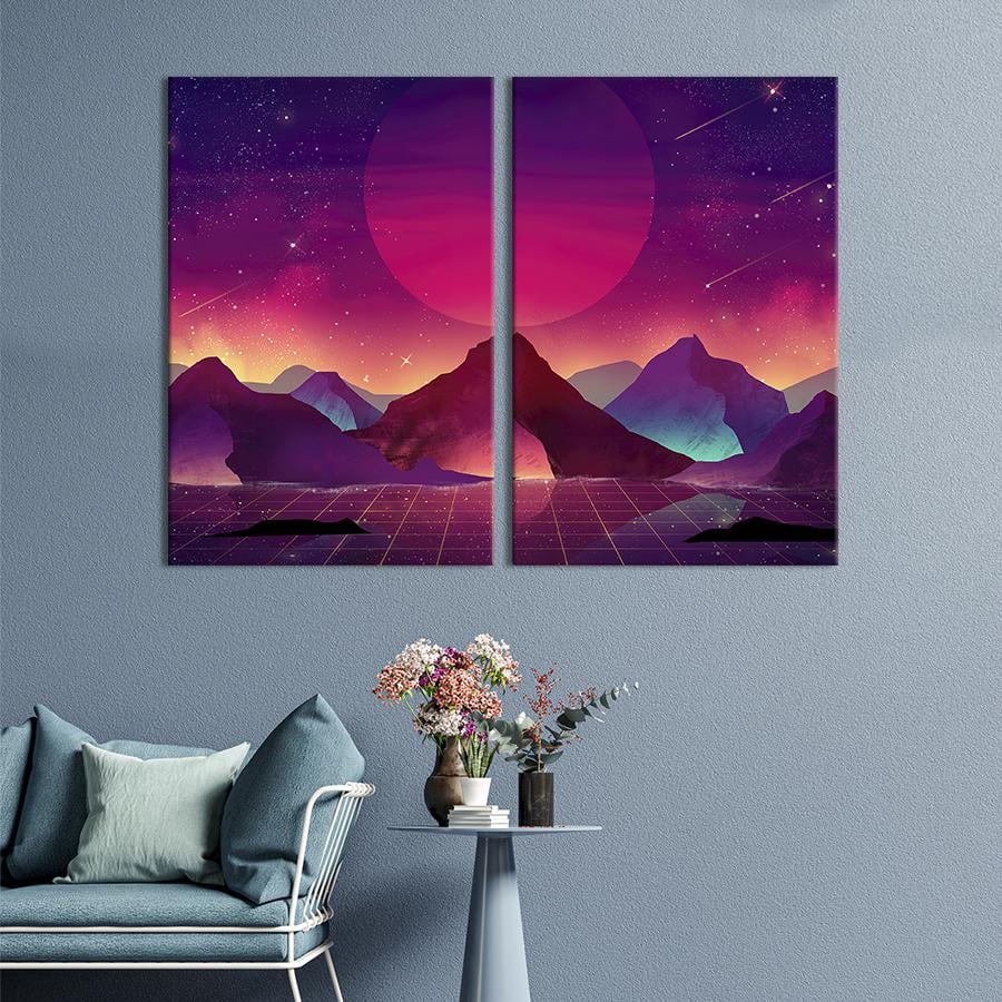 Настінний декор диптих картина на холсті для інтер’єру Цифрові гори та космос 111x81 см (753-2)