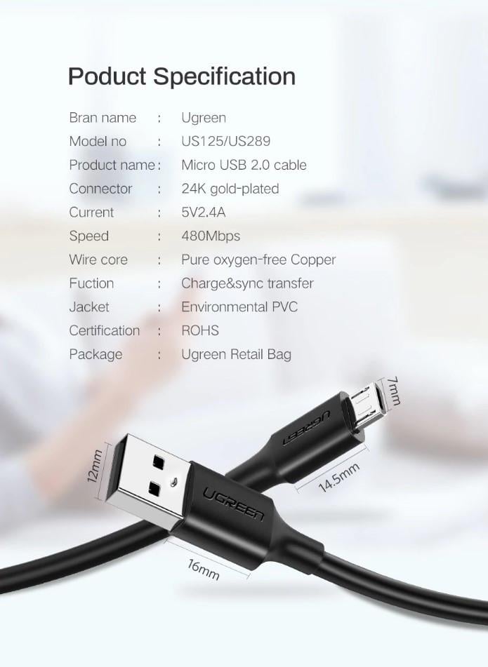 Кабель зарядний Ugreen Micro USB 2,0 5 V 2,4 A 1,5 м Black (US289) - фото 9