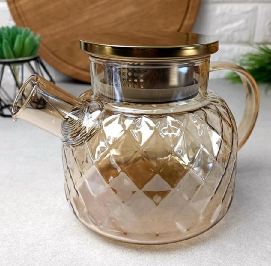 Заварювальний чайник Amber Crystal скляний для плити 1 л Бурштиновий перламутр (088-02)