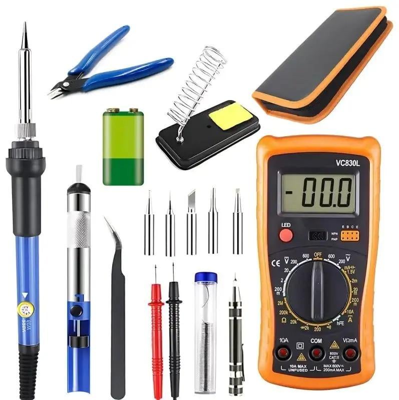 Набор для пайки 17в1 в кейсе паяльник/мультиметр VC830L/пинцет/оловоотсос для пайки/наконечники (H507)