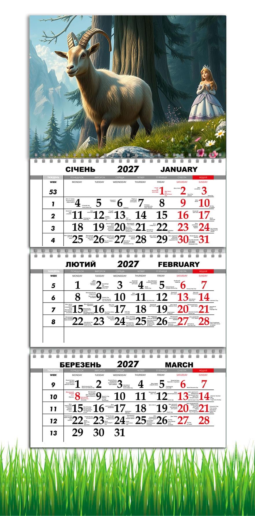 Календарь настенный квартальный на 2027 год APRIORI символ года Коза 30х61 см (36667083)