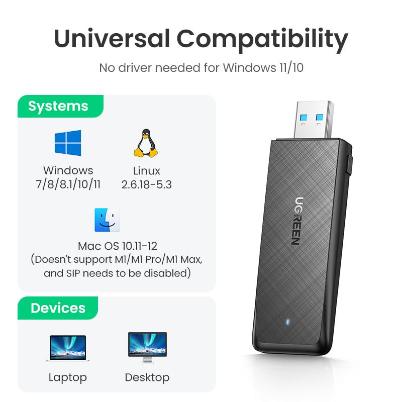 Адаптер USB WiFi двухдиапазонный UGREEN CM492 AC1300 5/2.4GHz Wireless Network Adapter Black (50340) - фото 5