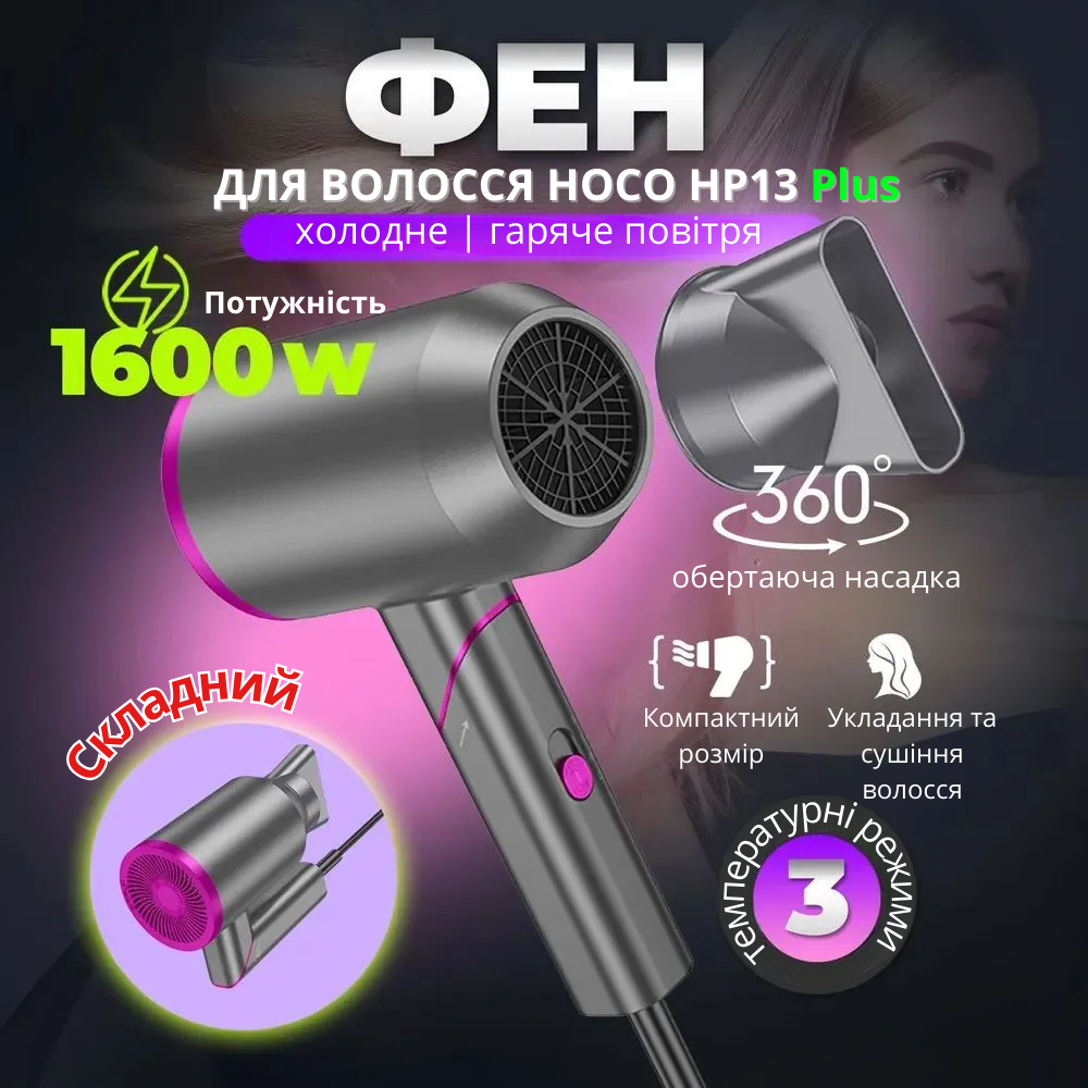 Фен для волосся Hoco з іонізацією та регулюванням температури 1600 Вт Сірий (HP13-Plus) - фото 7