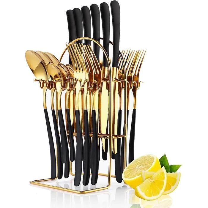 Набір столових приборів Wekity 6 осіб 24 пр. з тримачем Чорно-золотистий Набір столових приборів Wekity 6 осіб 24 пр. з тримачем Чорно-золотистий