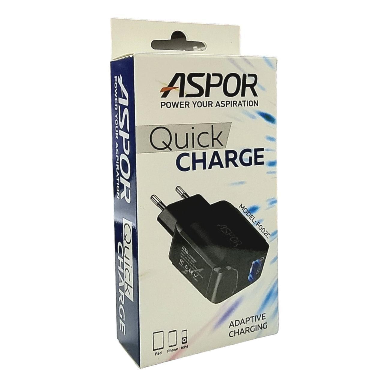 Зарядное устройство сетевое Aspor F002С QC3.0 1USB с USB-кабелем Lightning Черный (1858272470)