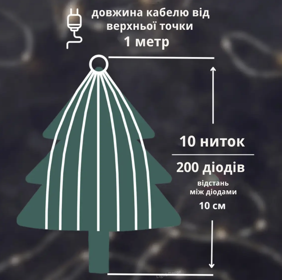 Новогодняя гирлянда Конский хвост 2 м 200 LED 10 ниток от USB Теплый белый (Е500209) - фото 3