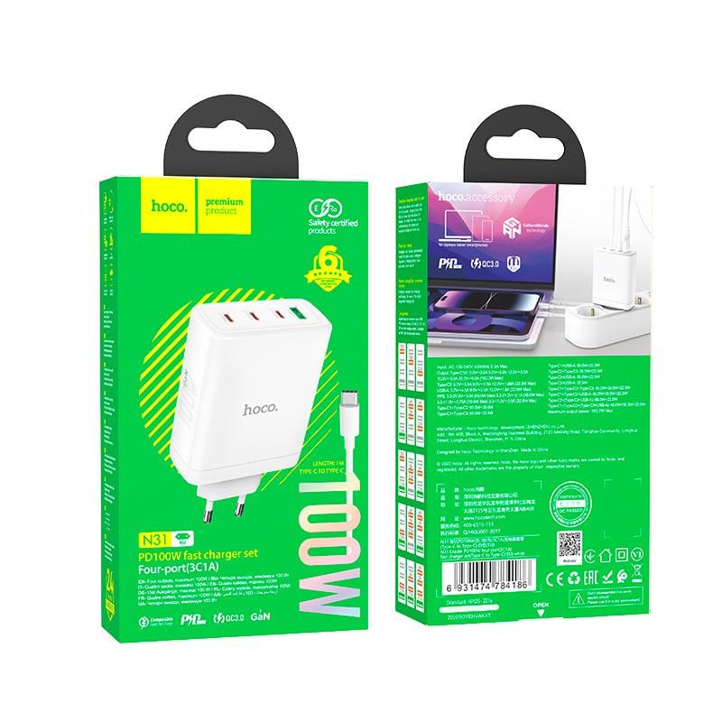 Зарядное устройство Hoco Leader Type-C to Type-C Cable four-port 3c1 А Fast Charger N31 4Type-C 1USB 100 W 5 А PD QC White (562215) - фото 7 Зарядное устройство Hoco Leader Type-C to Type-C Cable four-port 3c1 А Fast Charger N31 4Type-C 1USB 100 W 5 А PD QC White (562215) - фото 7