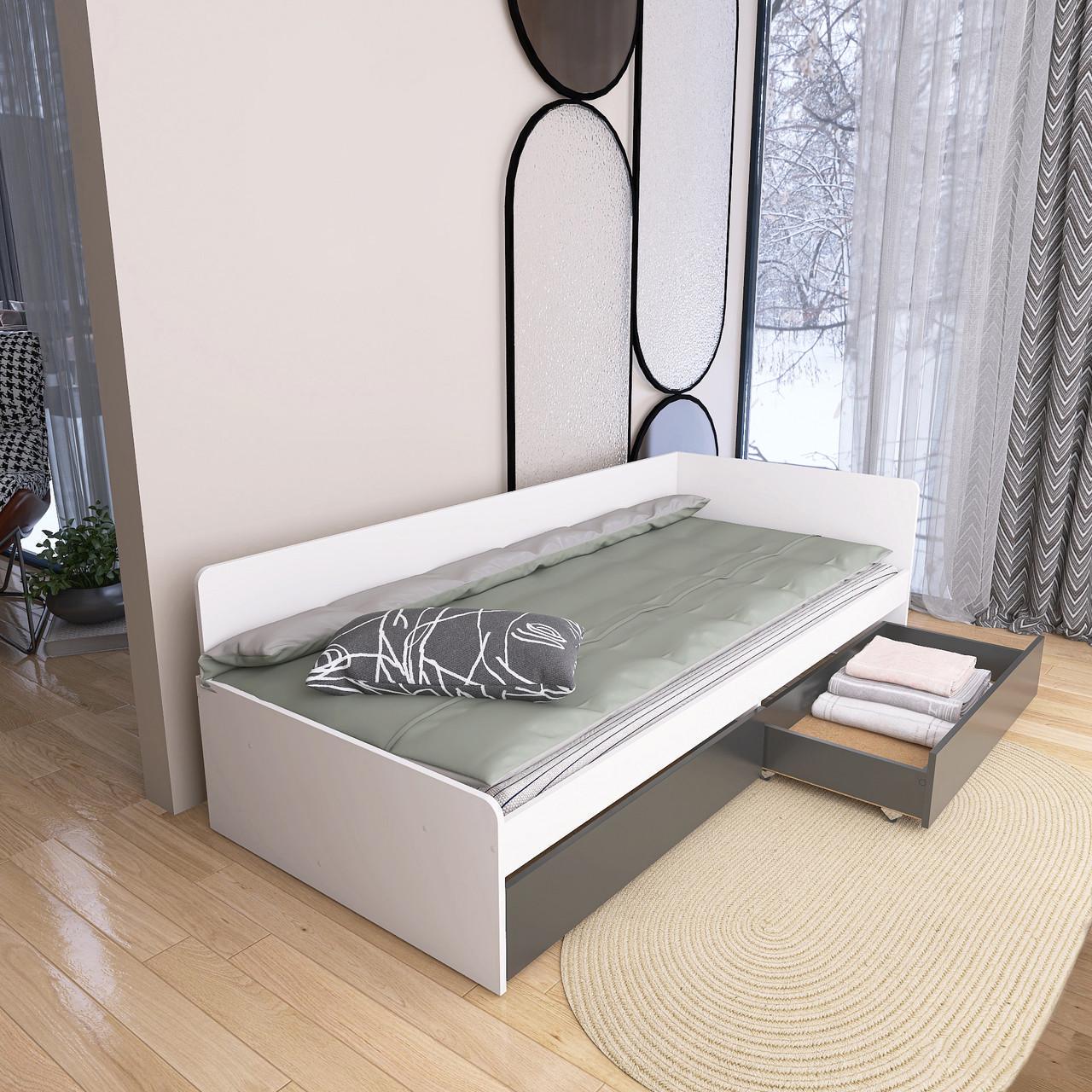 Кровать детская с ящиками Еверест 800 ЩИТ ДСП Белый/Графитовый (е-207456)