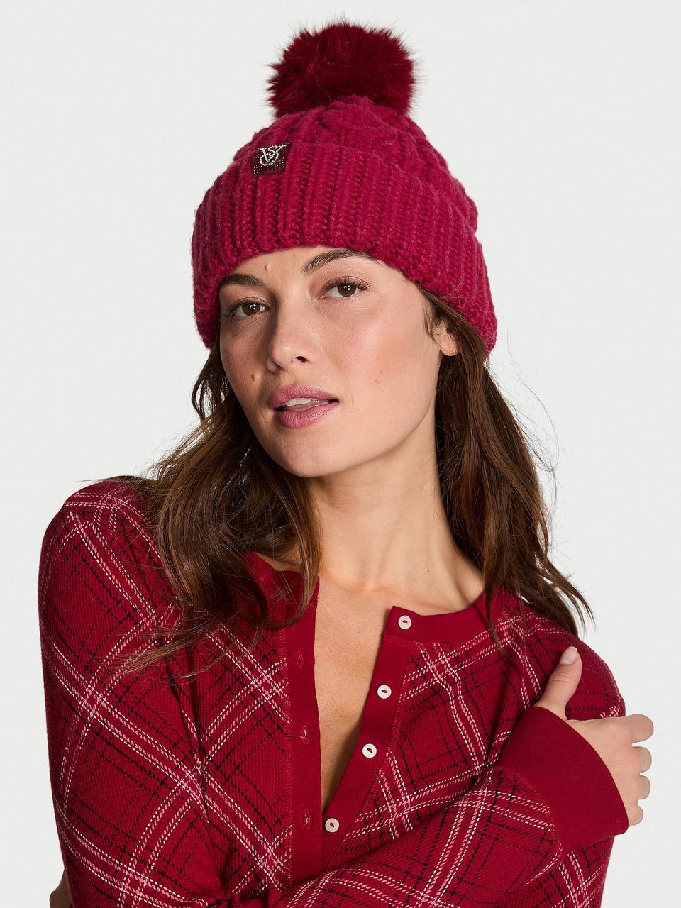 Шапка женская Victoria's Secret Cozy Cable-Knit Pom со стразами Черный/Красный (268449581991)