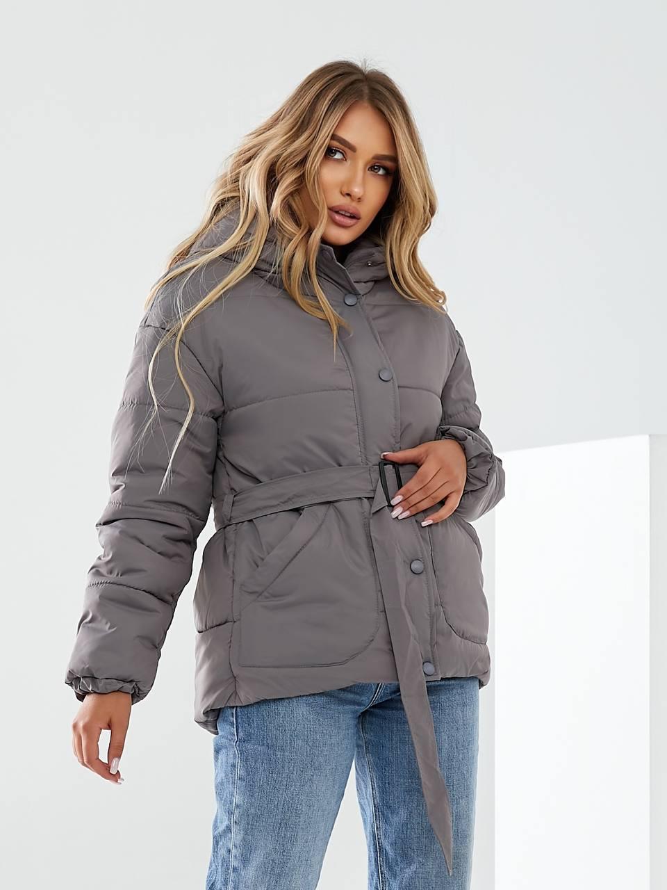 Куртка утеплена Khan коротка з поясом р. 42 Темно-сірий (Kh332) - фото 6 Куртка утеплена Khan коротка з поясом р. 42 Темно-сірий (Kh332) - фото 6