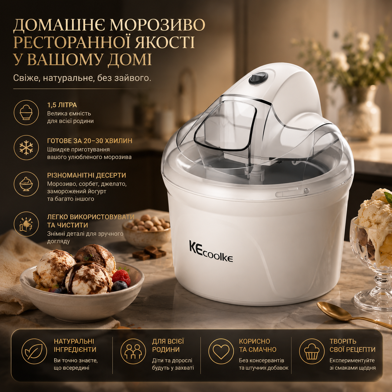 Морозивогенератор KECOOLKE 1,5 л White (3064709941) - фото 2
