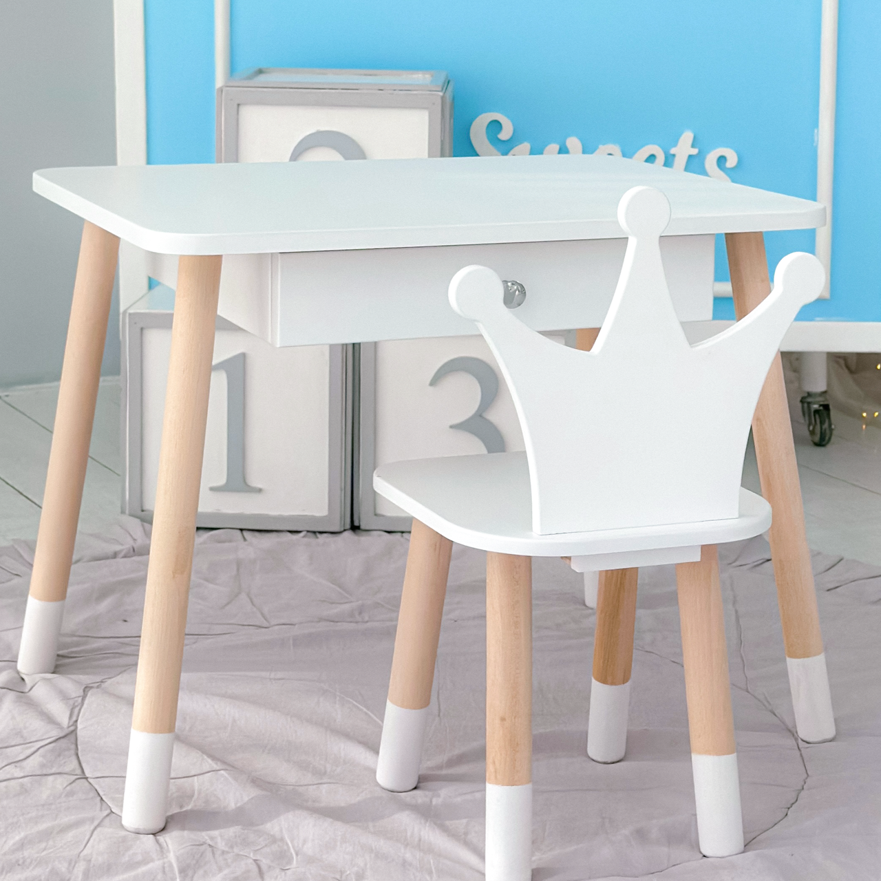 Детский столик и стульчик корона с ящиком для карандашей и раскрасок Белый (66928)