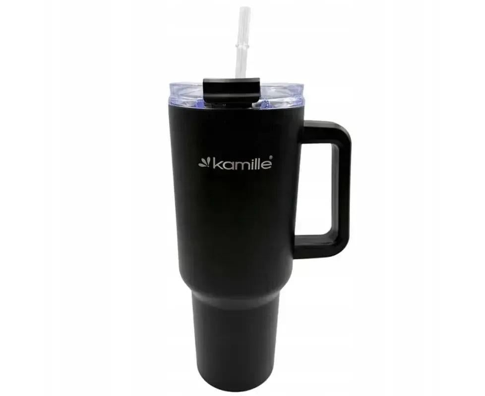 Термокружка с ручкой и трубочкой Kamille KM-2172 из нержавеющей стали 1200 мл Черный (150-84-2172)