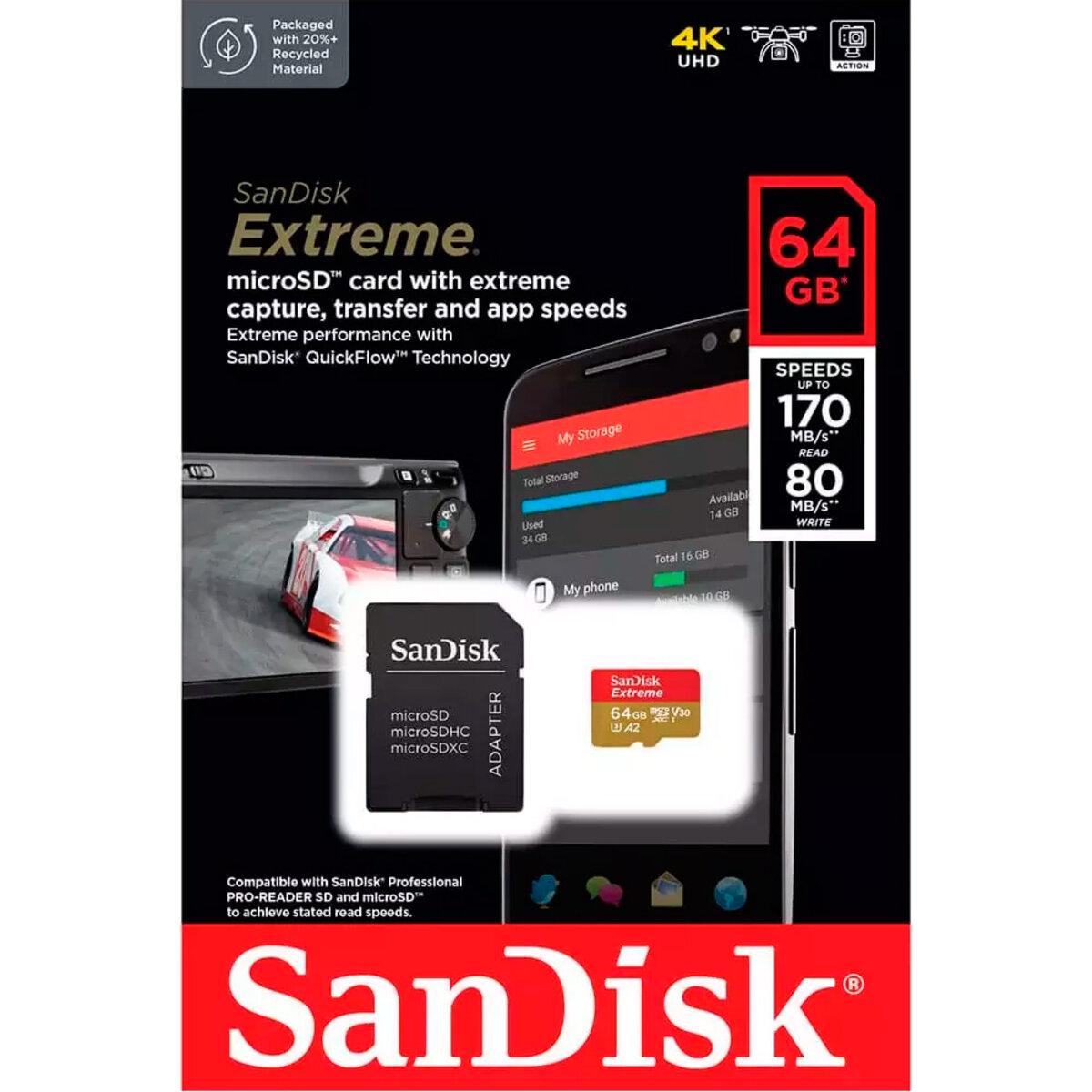 Карта памяти microSDXC SanDisk Extreme For Drones 64 Gb c10 V30 R190 Mb/s, W90 Mb/s (SDSQXAH-064G-GN6AA) - фото 4