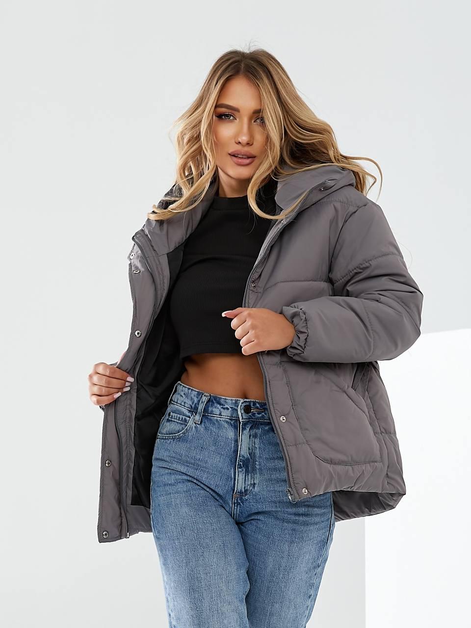 Куртка утеплена Khan коротка з поясом р. 42 Темно-сірий (Kh332) - фото 4 Куртка утеплена Khan коротка з поясом р. 42 Темно-сірий (Kh332) - фото 4