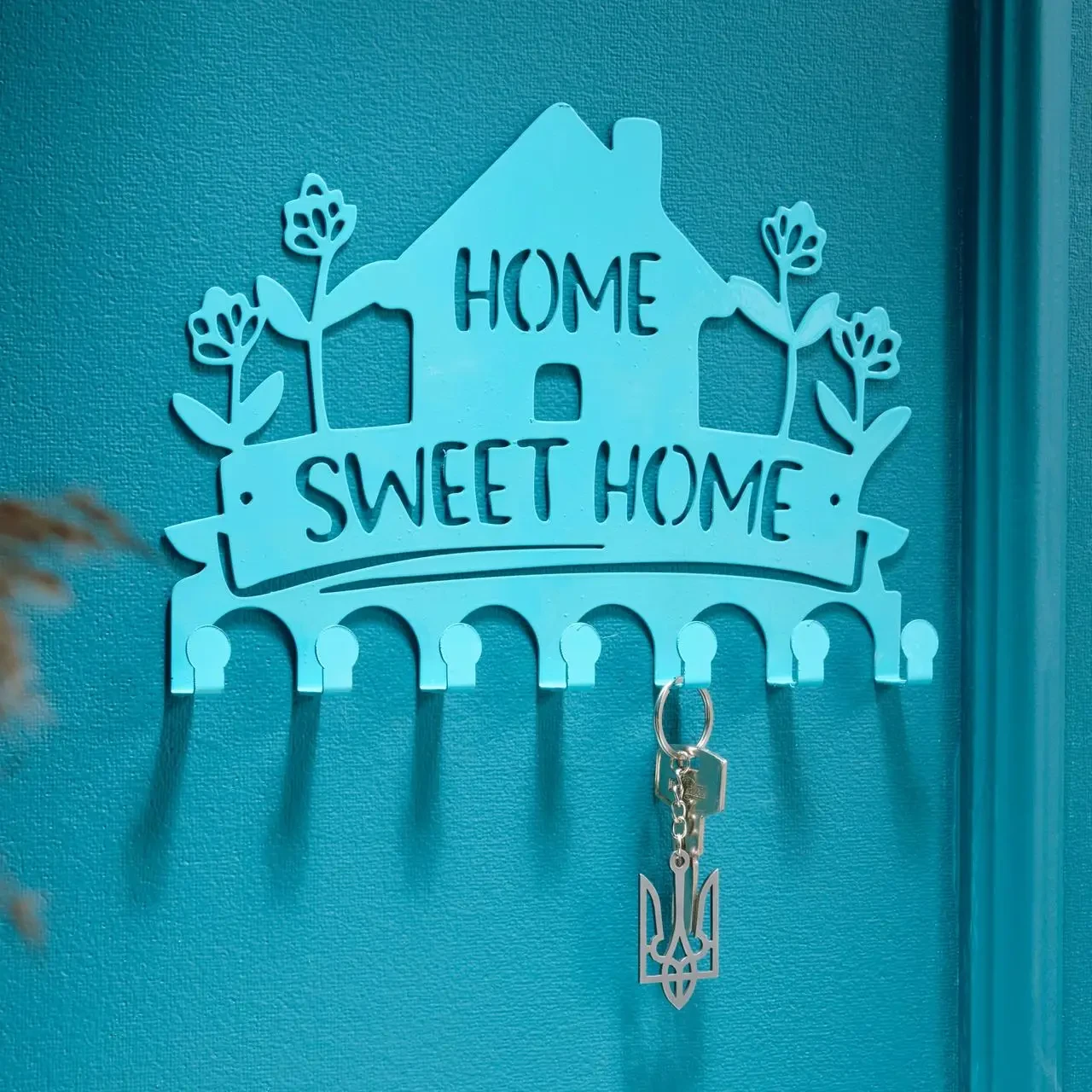 Ключниця настінна Home Sweet Home металева на 7 гачків 27х18,5 см Бірюзовий (KZ-48)