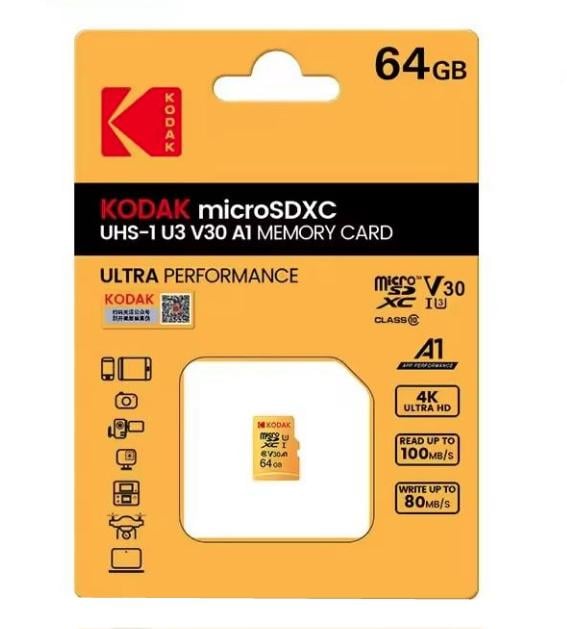 Карта памяти Kodak V30 U3 A1 Class 10 4K MicroSD 64 Gb (25043136)