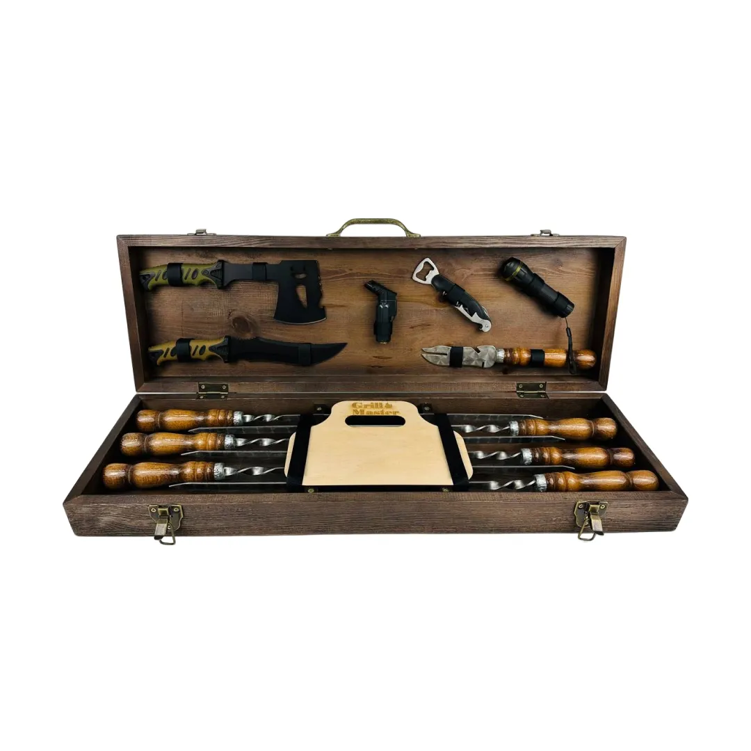 Набор шампуров в кейсе Кемпинг классик ящик деревянный из нержавеющей стали (2-10- KS-7401)