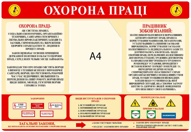 Стенд "Охорона праці" изображение знаков безопасности 1 карман Бежевый (Д-3554)