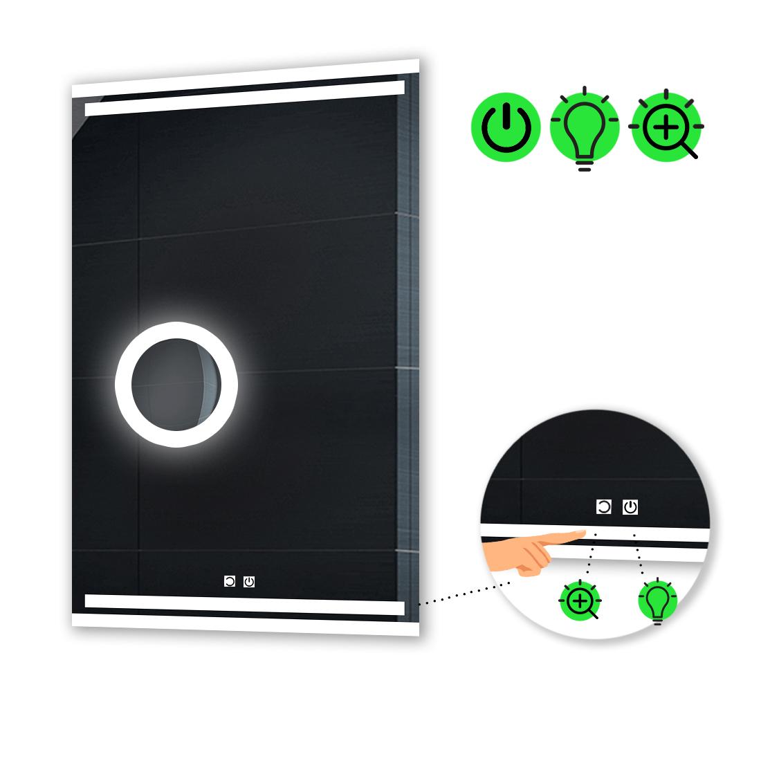 Зеркало с LED подсветкой Mirta с двумя сенсорами и линзой с подсветкой 80x60 см (Mirta24)