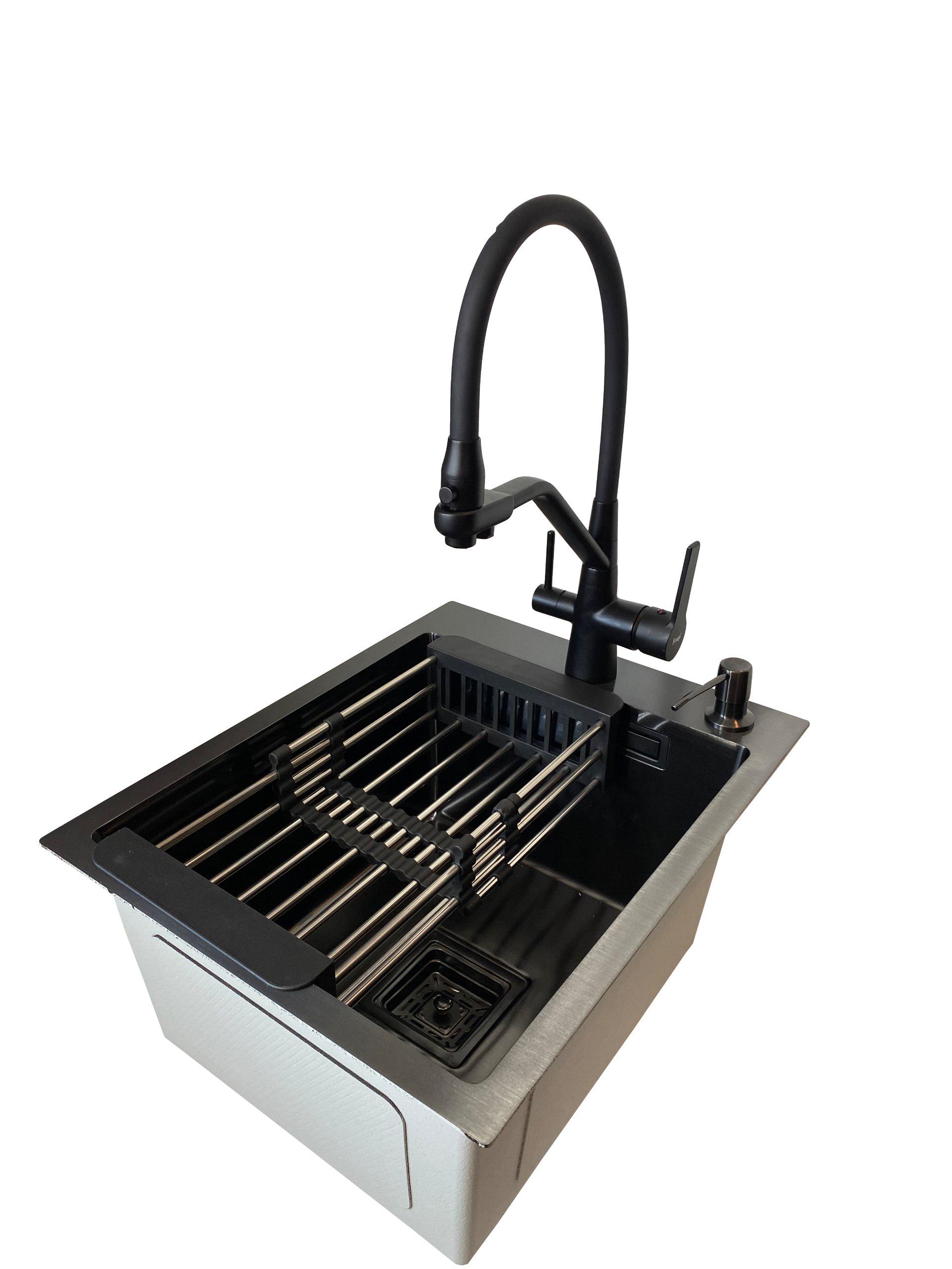 Мийка для кухні Platinum Handmade PVD кошик/дозатор/сифон/гнучкий змішувач із підключенням до фільтру 40x50 см Чорний (ca0b1174)