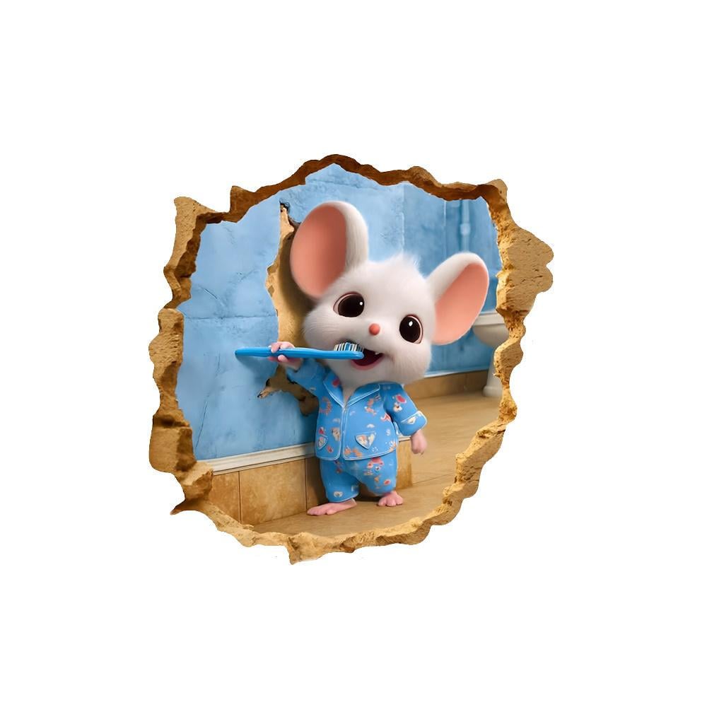 Наклейка декоративная Мышка чистит зубы для ванной виниловая Разноцветная (3000003733)