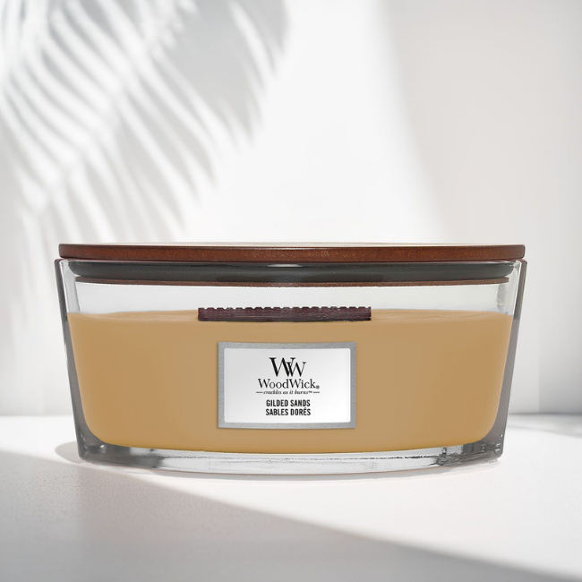 Свеча ароматическая Woodwick Ellipse Gilded Sands с ароматом инжира и гваякового дерева 453г (5038581162379)