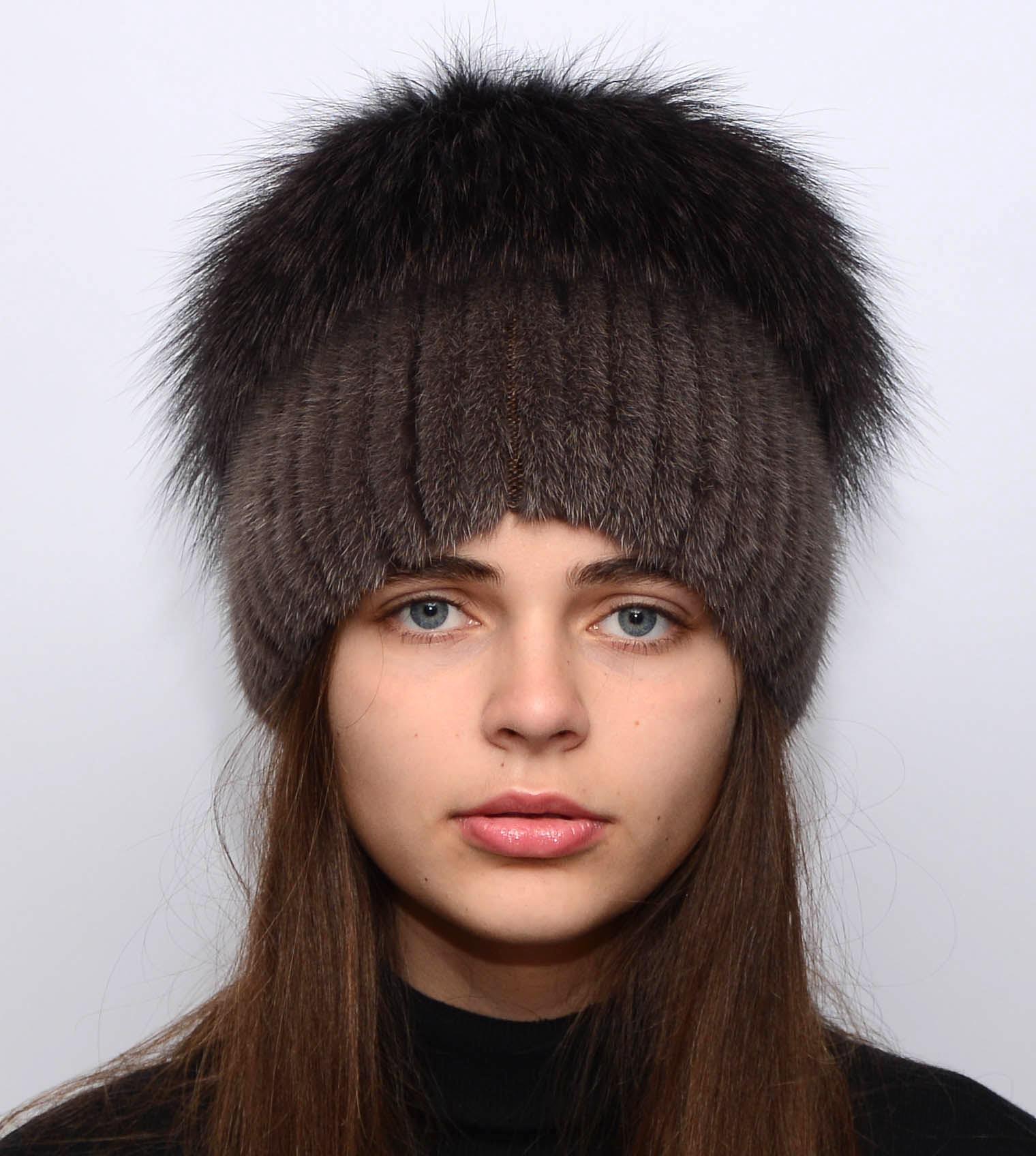 Зимняя шапка Меховой стиль Звездочка из вязаной норки натуральный мех M-L Кофе (100/С)