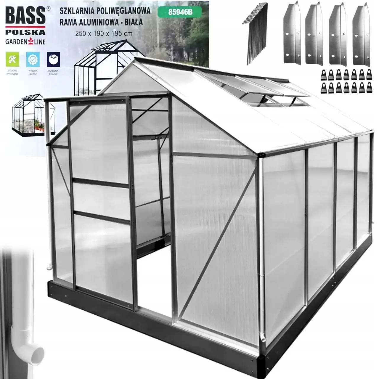 Теплица садовая Bass Polska 85946-B из поликарбоната 250х190х195 см - фото 2