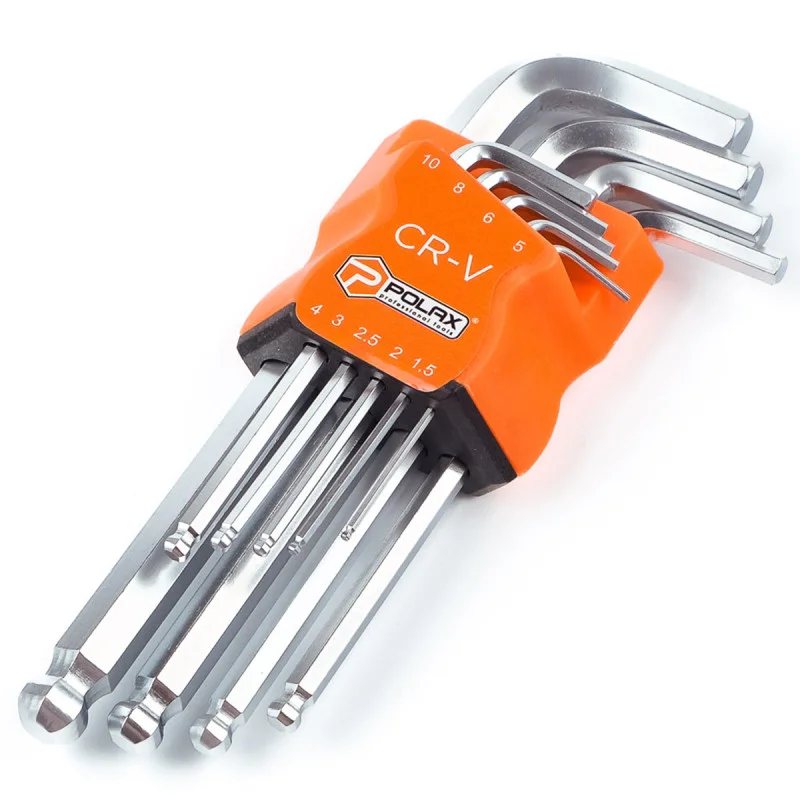 Набір шестигранних ключів Polax Г-подібних з кулею 9 предметів 1,5-10 мм подовжені Cr-V (25-010) Набір шестигранних ключів Polax Г-подібних з кулею 9 предметів 1,5-10 мм подовжені Cr-V (25-010)